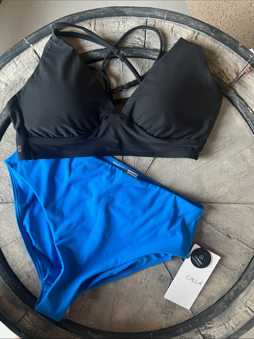 CALIA by Carrie Underwood Black Triangle Swim Top & Bright Blue Bikini Bottoms